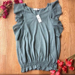Ann Taylor LOFT Ruffle Knit Green/Gray Top
